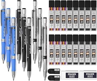 Nicpro 9 Piezas Portaminas 2mm, cone Recargas de color y negro (HB & 2B), 2 Borrador, 2 Sacapuntas para Escritura, Dibujo de arte, Carpintero