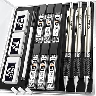 Nicpro Juego de portaminas de 0,9 mm con estuche, 3 lápices mecánicos de metal con 6 tubos HB #2 de repuesto de plomo, 3 gomas de borrar, 9 recambios de borrador, lápiz mecánico de arte 0.9 para