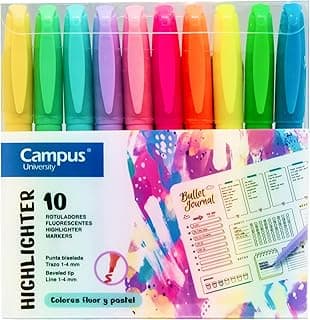 Campus – Subrayadores Fluorescentes, Lápiz marcador con Punta Biselada, Pack de 10 Highlighter Pen de Colores Neón y Pastel, Rotuladores Resaltadores de Base al Agua (Pack de 10 Neón y Pastel)