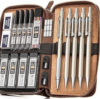 Nicpro 5 Piezas Metal Portaminas Retráctil en Estuche Cuero, Recarga de Lápiz 0.3, 0.5, 0.7, 0.9 y 2 mm (4B 2B HB 2H), para la Escuela Escritura, Dibujo