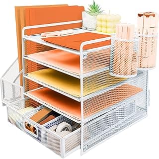 PLSOPPKG Organizador de Escritorio, 5 Niveles Malla Metálica Organizador Bandejas Papel con Estante para Archivos con Cajones 2 Bolígrafos Revistero, para Almacenamiento De Suministros Oficina