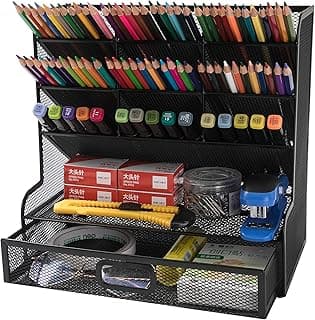 Vikmyer Organizador de Escritorio de Malla Caja de Soporte de Bolígrafo de Escritorio Multifuncional para Oficina en Casa Estante de Almacenamiento de Suministros Escolares Negro Con Cajón