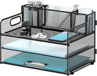 Organizador de escritorio de malla con 3 portalápices, Organizador de bandeja de cartas de papel de 3/5 niveles, Organizador de escritorio para útiles escolares de oficina (Negro 3 niveles)