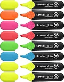 Schneider Job 150 - Rotuladores fluorescentes (rellenables y resistentes a la decoloración) (8 unidades), color amarillo (3 unidades), color naranja, rosa, verde, azul y rojo