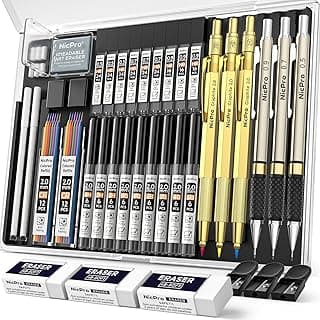 Nicpro 35 portaminas de metal de 0,5 y 0,7 y 0,9 mm y 3 lápices de minas de 2 mm con 20 latas de minas de repuesto (colores 6B, 4B, 2B HB, 2H, 4H) para esbozar y dibujar (dorado)