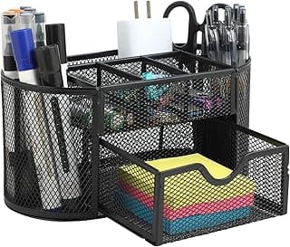 Organizador de escritorio con cajones – Portalapices escritorio negro con cajón y vaso para bolígrafos, ideal para oficina, organizador escritorio compacto y ordenado