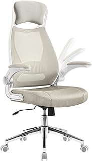 SONGMICS Silla de Oficina, Silla Giratoria, con Apoyabrazos Inclinables, Apoyacabezas y Soporte Lumbar, Mecanismo de Balanceo, Superficie de Malla, Beige Capuchino OBN086K01