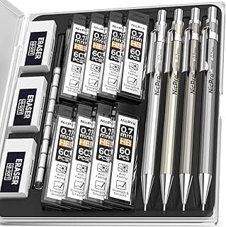 Nicpro 4 piezas Lápices Mecánicos Metal de 0.7 mm, Portaminas para Escritura de Artistas, Bocetos, Dibujos, Viene con Repuesto de Plomo, Gomas, Funda