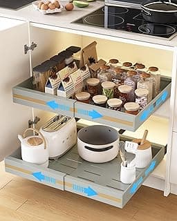 UMDONX 2 Paquete Organizador Armario Cocina Cajones Extraibles Adhesivos - Cajones Deslizables y Estantes para la Despensa, Ancho Ajustable de 30.5 a 51.5 cm, Gris