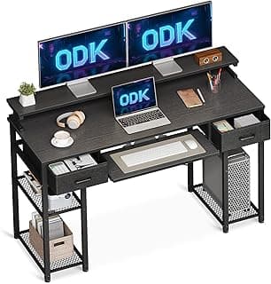 ODK Escritorio con 2 Cajones, Mesa Escritorio con Bandeja para Teclado y Soporte Monitor, Mesa de Ordenador con Estante Extraíble para Oficina (Negro, 120x48x90cm)