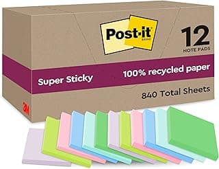 Post-it Super Sticky Notas Recicladas, 12 Blocs, 70 Hojas por Bloc, 47.6 mm x 47.6 mm, Rosa, Verde, Azul, Morado, Amarillo - Notas Extra Adhesivas Fabricadas con Papel 100% Reciclado