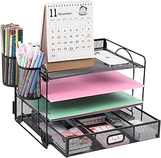 Vikmyer Organizador de Archivos de Escritorio de 4 Bandejas, Organizador de Suministros de Escritorio de Oficina de Malla con Cajón para Oficina en Casa (2 portabolígrafos)