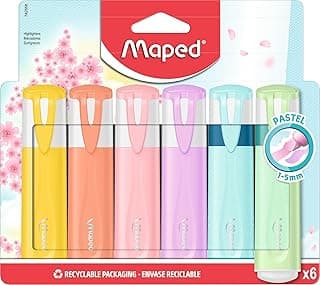 Maped – 6 rotuladores Fluo'Peps Pastel + Glitter – Punta biselada – Resaltadores de larga duración – Uso escolar y profesional – 4 resaltadores pastel + 2 rotuladores de lentejuelas, 6