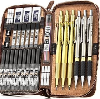 Nicpro 30 Piezas Portaminas en Estuche Cuero, Lápiz de Metal 0,5, 0,7, 0,9, 2 mm con Recambios de Plomo (4B 2B HB 2H 4H) para Redacción Escribiendo