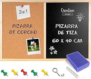 Creative Home 60 x 40 cm Pizarra Negra de Tiza y Tablero de Corcho Combo | Marco de Madera Grueso + Tiza, Esponja y Chinchetas | Hecho en la UE | Restaurante, Oficina, Escuela, Pub y Hogar