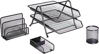 Exerz Bandejas Oficina 4 Piezas de Malla/Oficina Conjunto de 4 Piezas - Bandeja de Letras con 2 Plantas, Estante de Letras, Portalápices, Sostenedor de clipso & Notas (Negro)