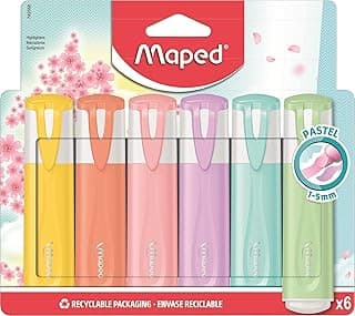 Maped Subrayadores Pastel, 6 Marcadores de Colores Suaves, Punta Biselada de 1 a 5 mm, Tinta Fluorescente para Papel, Tapón a Presión, Ideal para Oficina y Estudio