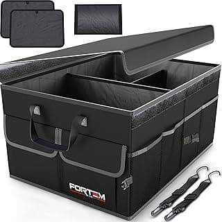 FORTEM Organizador de Maletero Coche y SUV - Organizador de Coche para Almacenamiento - Caja Plegable con 2 Compartimentos Estándar - Base Antideslizante - Cinchas Ajustables - Tapa Extraíble (Negro)